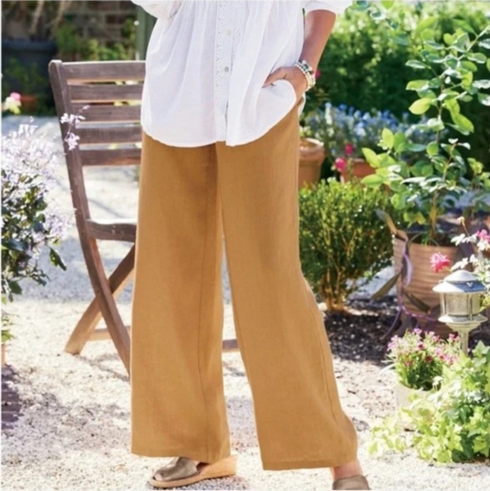 Wide Leg Linen-Blend Pants in Camel